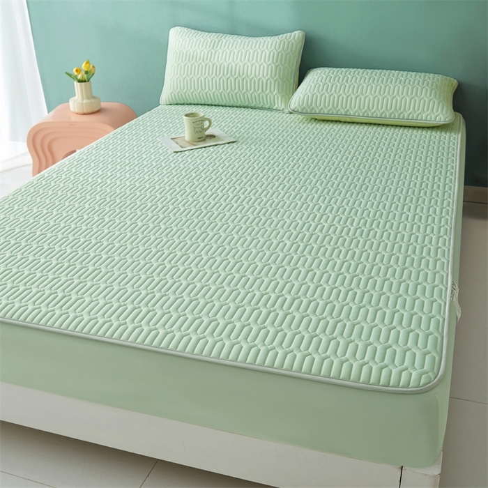 91家纺网 家纺一手货源 找家纺 雯豆2025夏季新品0.4乳胶凉席床笠款三件套凉感丝印花纯色床罩 乳胶床笠-青柠绿