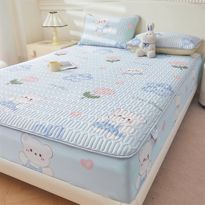 91家纺网 家纺一手货源 找家纺 雯豆2025夏季新品0.4乳胶凉席床笠款三件套凉感丝印花纯色床罩 乳胶床笠-元气满满