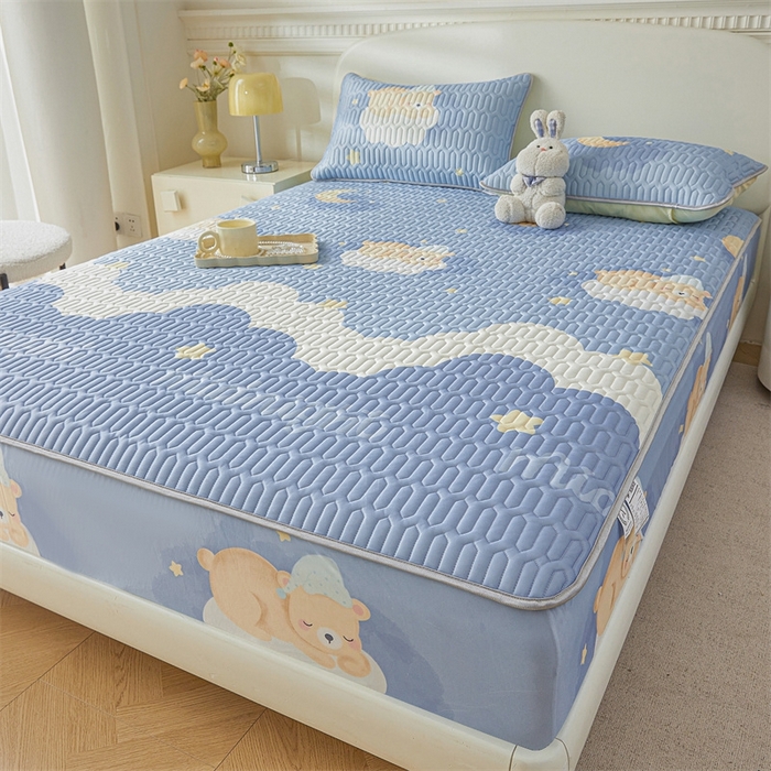 91家纺网 家纺一手货源 找家纺 雯豆2025夏季新品0.4乳胶凉席床笠款三件套凉感丝印花纯色床罩 乳胶床笠-晚安