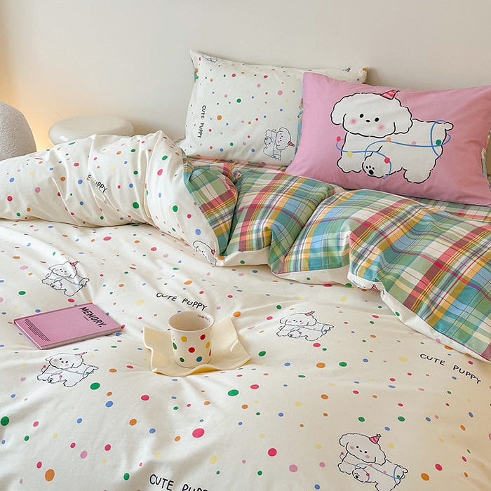 91家纺网 家纺一手货源 找家纺 典曼家纺 2025新款13372印花小清新四件套 波点狗