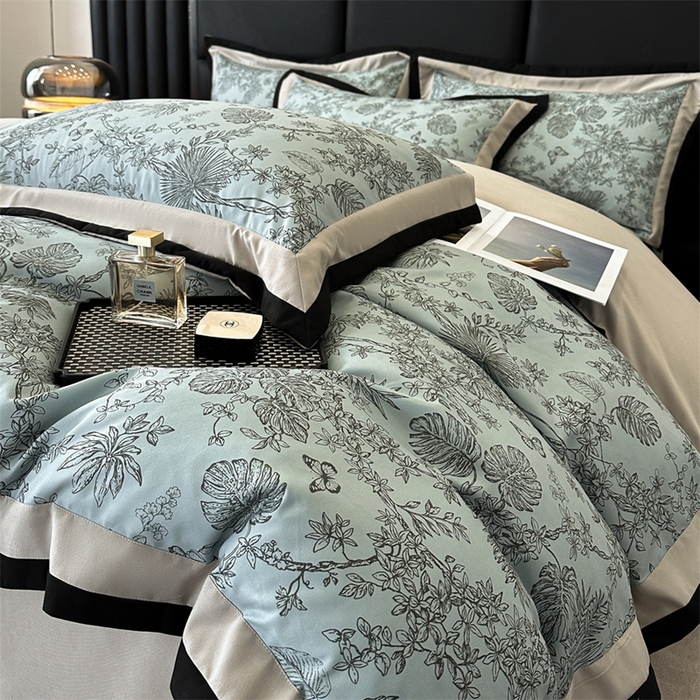 91家纺网 家纺一手货源 找家纺 一左一右2025春夏新款轻奢美式复古花卉数码印花双拼磨毛水洗棉四件套维也纳 维也纳-灰绿