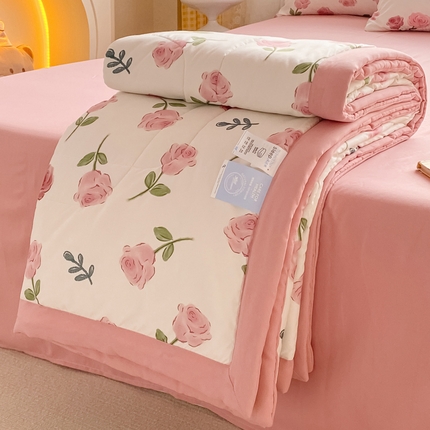 一加一2025新款水洗棉麻印花大豆夏被 四件套 粉仙儿