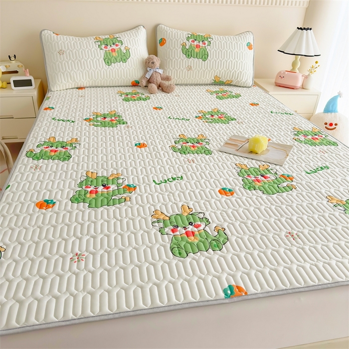 91家纺网 家纺一手货源 找家纺 雯豆2025夏季新品0.4乳胶凉席平铺款三件套凉感丝小清新印花席梦思床罩 乳胶凉席-吉祥龙