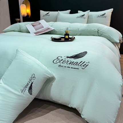 麒东家纺 2025年新款刺绣水洗棉四件套羽毛系列 水绿