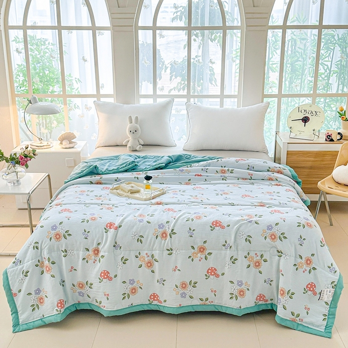 91家纺网 家纺一手货源 找家纺 好欣怡家纺 2026新款水洗棉夏被空调被被子被芯印花小清新夏凉被直播热款 水洗棉包边款-小蘑菇