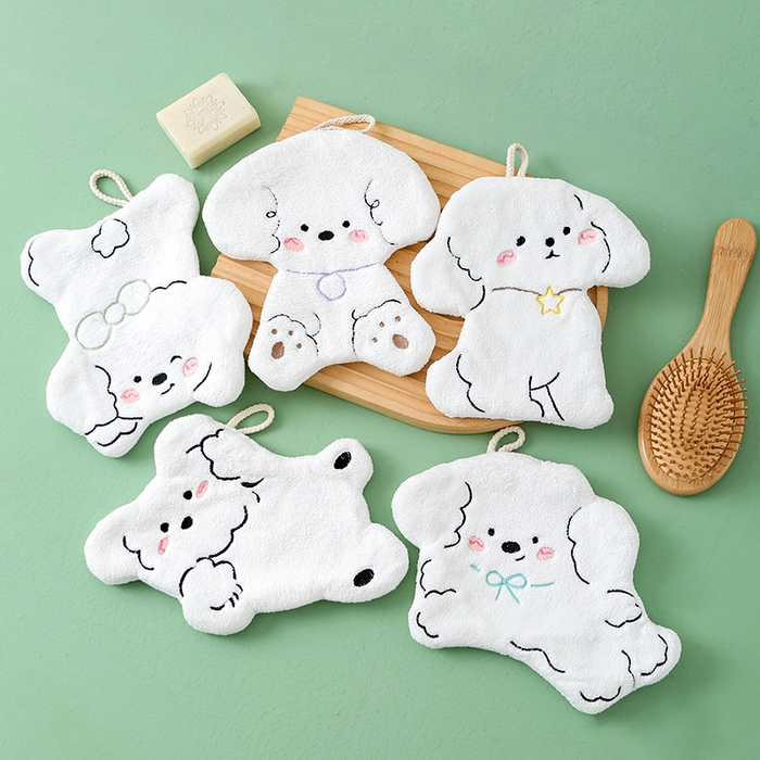 91家纺网 家纺一手货源 找家纺 彩虹毛巾 2025新款卡通小狗擦手巾厨房卫生间擦手帕 跳舞小狗