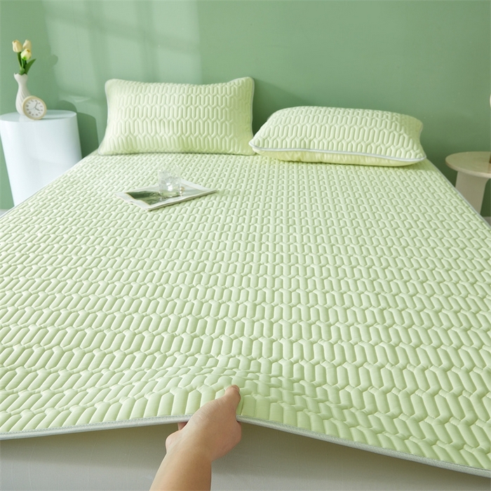 91家纺网 家纺一手货源 找家纺 雯豆2025夏季新品0.4乳胶凉席平铺款三件套凉感丝席梦思床罩 乳胶凉席-丁香绿