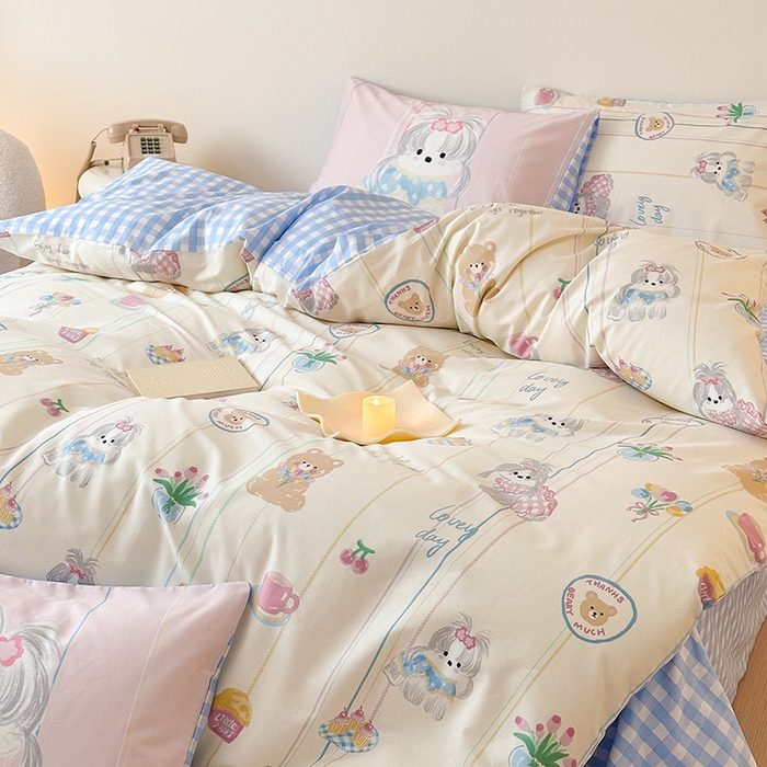 91家纺网 家纺一手货源 找家纺 典曼家纺 2025新款13372印花小清新四件套 甜宝萌汪