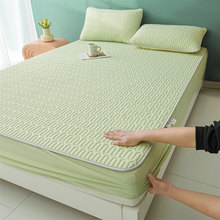 91家纺网 家纺一手货源 找家纺 雯豆2025夏季新品0.4乳胶凉席床笠款三件套凉感丝印花纯色床罩 乳胶床笠-丁香绿