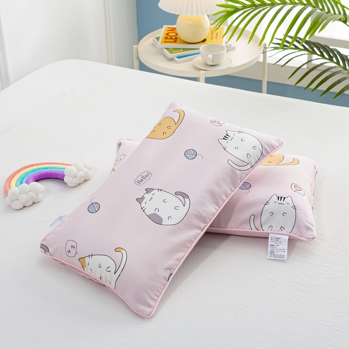 91家纺网 家纺一手货源 找家纺 萌番宝 A类新款60支长绒棉纯棉儿童枕套枕头 猫肚粉