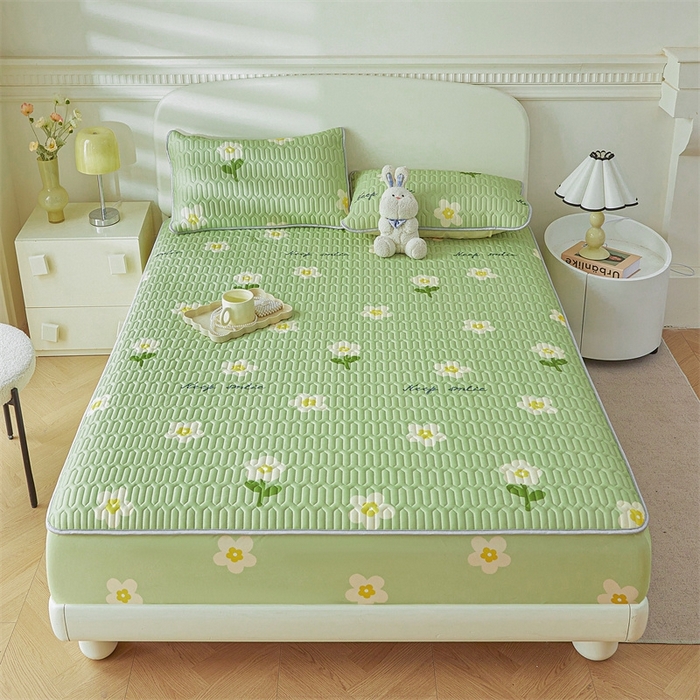 91家纺网 家纺一手货源 找家纺 雯豆2025夏季新品0.4乳胶凉席床笠款三件套凉感丝印花纯色床罩 乳胶床笠-绿茵1