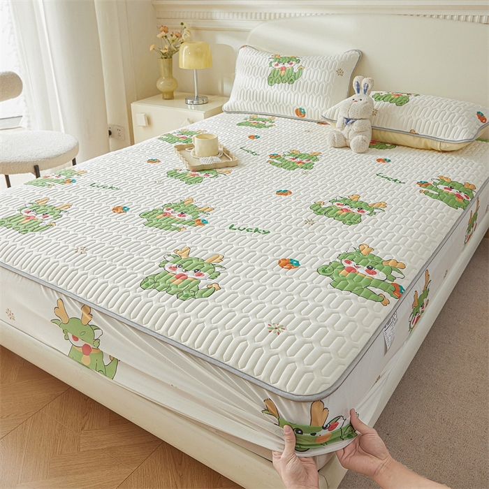 91家纺网 家纺一手货源 找家纺 雯豆2025夏季新品0.4乳胶凉席床笠款三件套凉感丝印花纯色床罩 乳胶床笠-吉祥龙