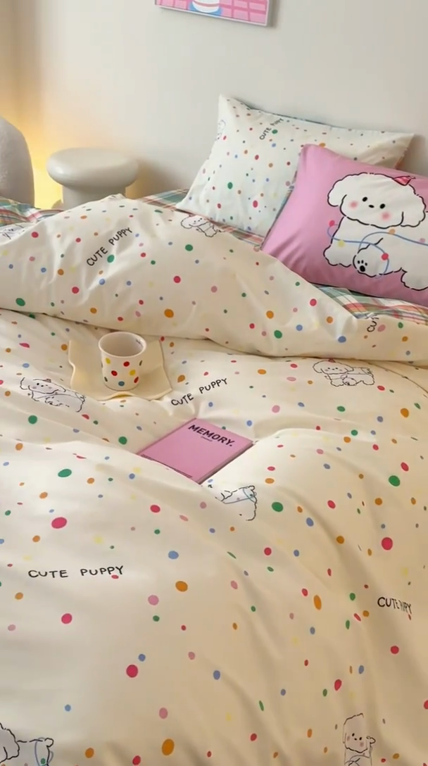 91家纺网 家纺一手货源 找家纺 典曼家纺 2025新款13372印花小清新四件套 波点狗