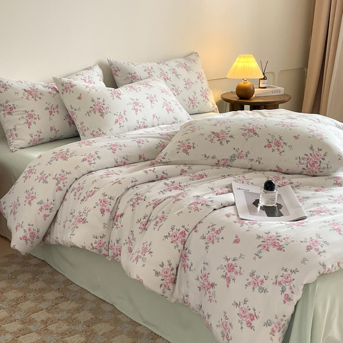 91家纺网 家纺一手货源 找家纺 诺梵家纺 2025新款有氧双层纱印花四件套 粉色蔷薇