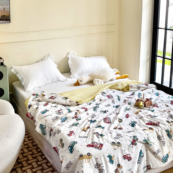 91家纺网 家纺一手货源 找家纺 绒梦里 2025新款A类小凉皮凉感冰豆豆夏被空调被 车车世界