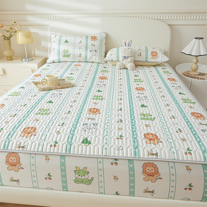 91家纺网 家纺一手货源 找家纺 雯豆2025夏季新品0.4乳胶凉席床笠款三件套凉感丝印花纯色床罩 乳胶床笠-动物聚会