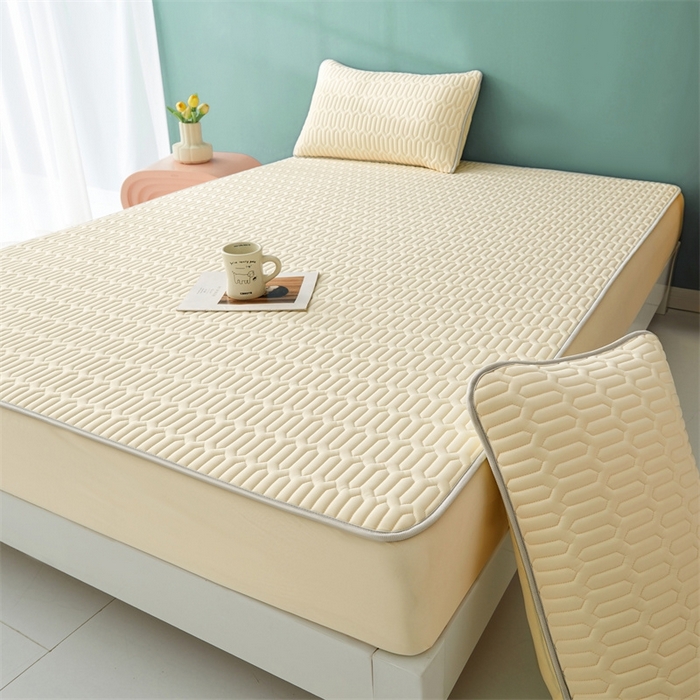 91家纺网 家纺一手货源 找家纺 雯豆2025夏季新品0.4乳胶凉席床笠款三件套凉感丝印花纯色床罩 乳胶床笠-香草黄