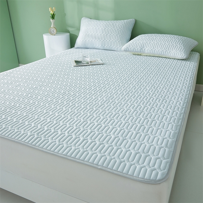 91家纺网 家纺一手货源 找家纺 雯豆2025夏季新品0.4乳胶凉席平铺款三件套凉感丝席梦思床罩 乳胶凉席-风铃蓝