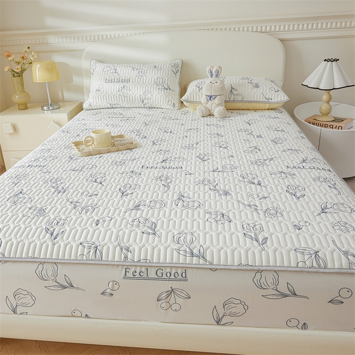 91家纺网 家纺一手货源 找家纺 雯豆2025夏季新品0.4乳胶凉席床笠款三件套凉感丝印花纯色床罩 乳胶床笠-摇曳花开