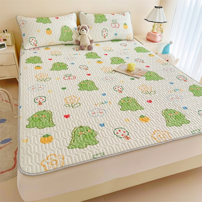 91家纺网 家纺一手货源 找家纺 雯豆2025夏季新品0.4乳胶凉席平铺款三件套凉感丝小清新印花席梦思床罩 乳胶凉席-恐龙乐园