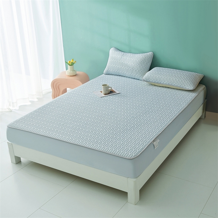 91家纺网 家纺一手货源 找家纺 雯豆2025夏季新品0.4乳胶凉席床笠款三件套凉感丝纯色席梦思床罩 纯色乳胶床笠-风铃蓝