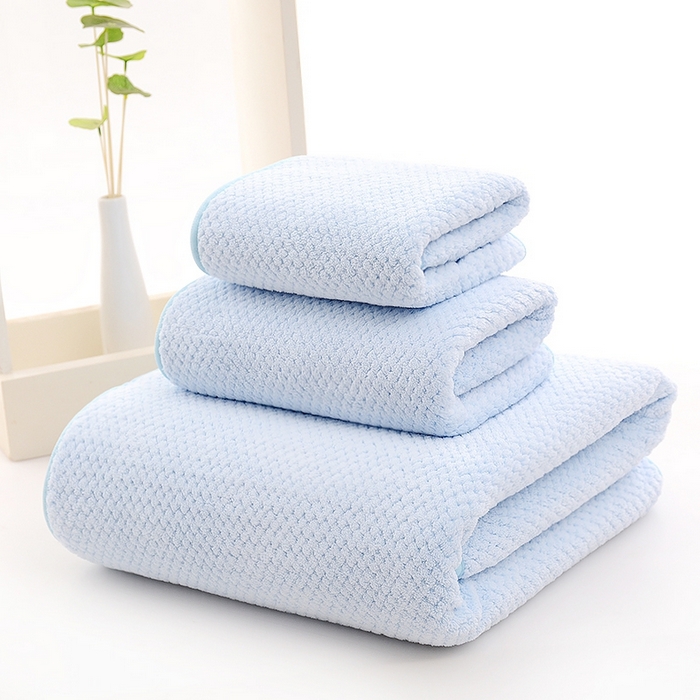 91家纺网 家纺一手货源 找家纺 彩虹新款加厚加大珊瑚绒菠萝格方巾毛巾浴巾套装外贸跨境大浴巾吸水加厚大毛巾浴巾两件套 菠萝格蓝色方巾毛巾浴巾组合