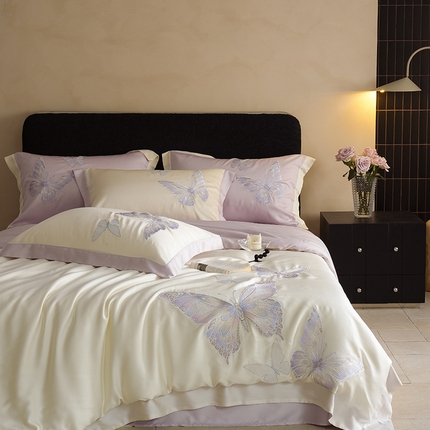 91家纺网 家纺一手货源 找家纺 简纯主义 2025新款60S奥地利进口兰精天丝四件套-彩蝶幻舞 彩蝶-白