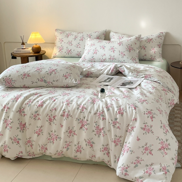 91家纺网 家纺一手货源 找家纺 诺梵家纺 2025新款有氧双层纱印花四件套 粉色蔷薇