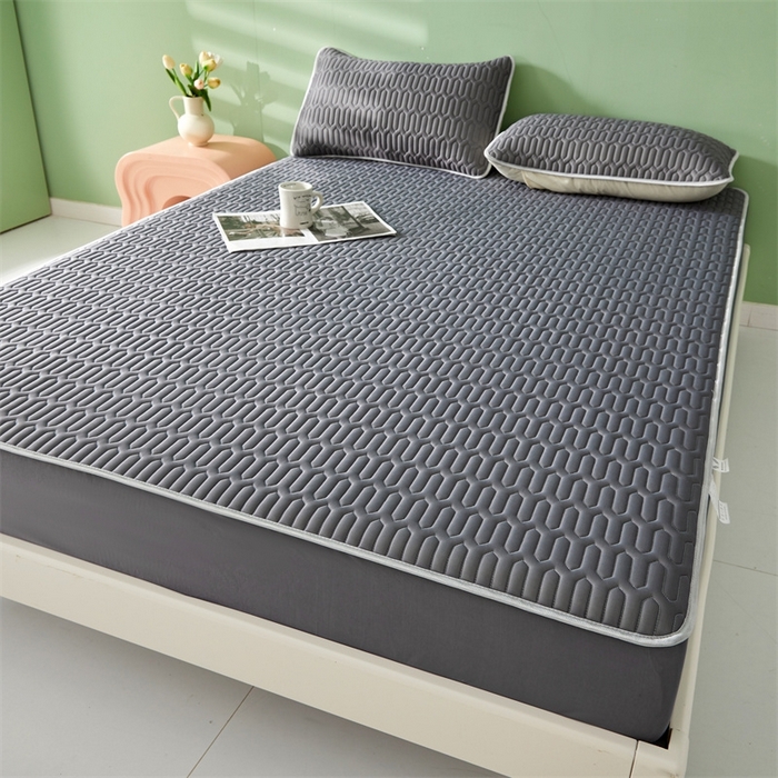 91家纺网 家纺一手货源 找家纺 雯豆2025夏季新品0.4乳胶凉席床笠款三件套凉感丝纯色席梦思床罩 纯色乳胶床笠-轻奢灰