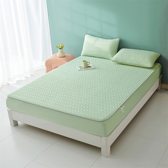 91家纺网 家纺一手货源 找家纺 雯豆2025夏季新品0.4乳胶凉席床笠款三件套凉感丝印花纯色床罩 乳胶床笠-青柠绿