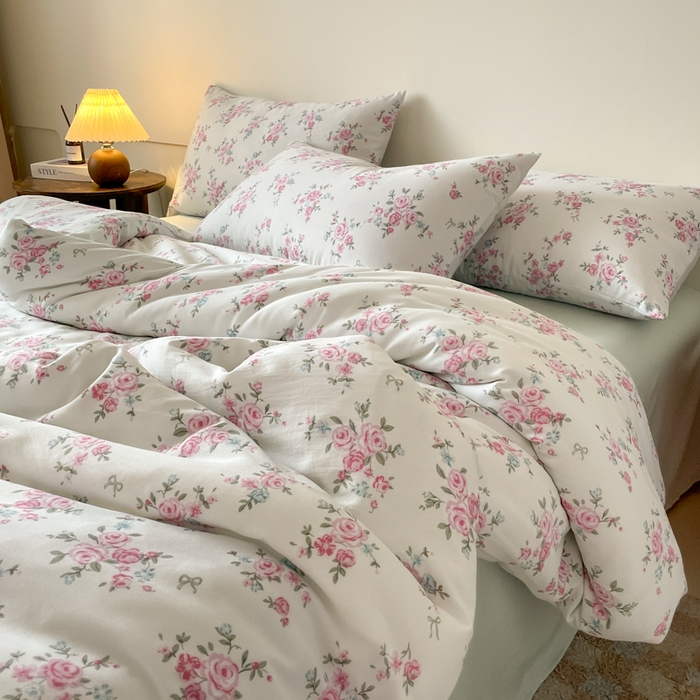 91家纺网 家纺一手货源 找家纺 诺梵家纺 2025新款有氧双层纱印花四件套 粉色蔷薇