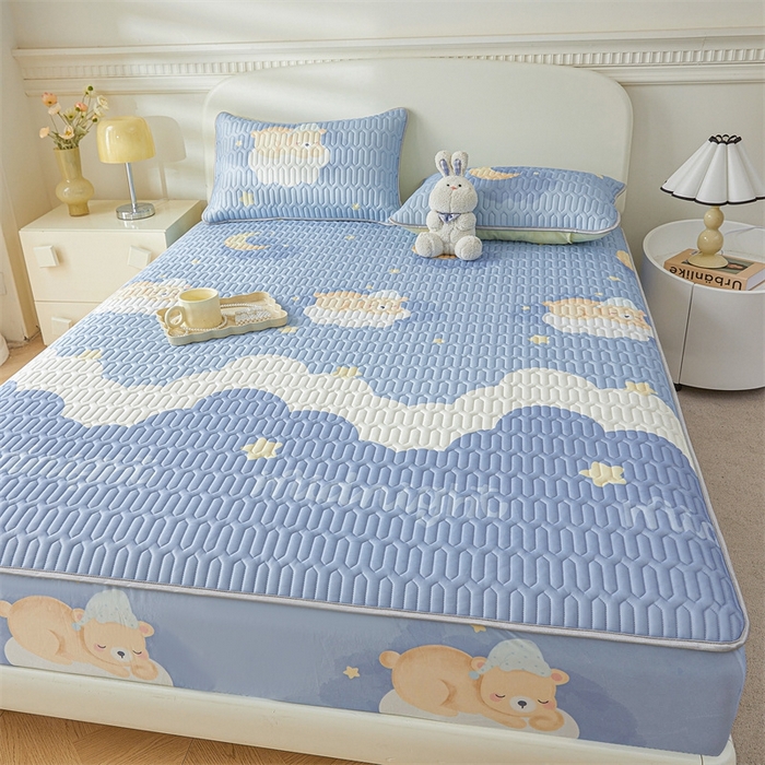 91家纺网 家纺一手货源 找家纺 雯豆2025夏季新品0.4乳胶凉席床笠款三件套凉感丝印花纯色床罩 乳胶床笠-晚安