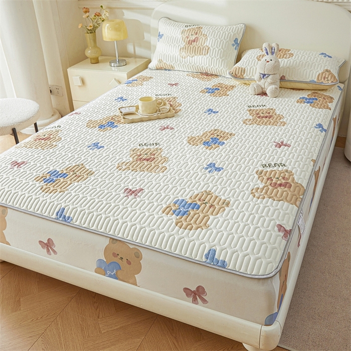 91家纺网 家纺一手货源 找家纺 雯豆2025夏季新品0.4乳胶凉席床笠款三件套凉感丝印花纯色床罩 乳胶床笠-迪卡