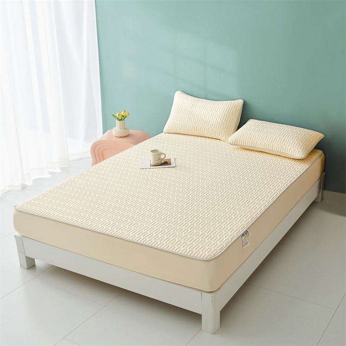 91家纺网 家纺一手货源 找家纺 雯豆2025夏季新品0.4乳胶凉席床笠款三件套凉感丝纯色席梦思床罩 纯色乳胶床笠-香草黄