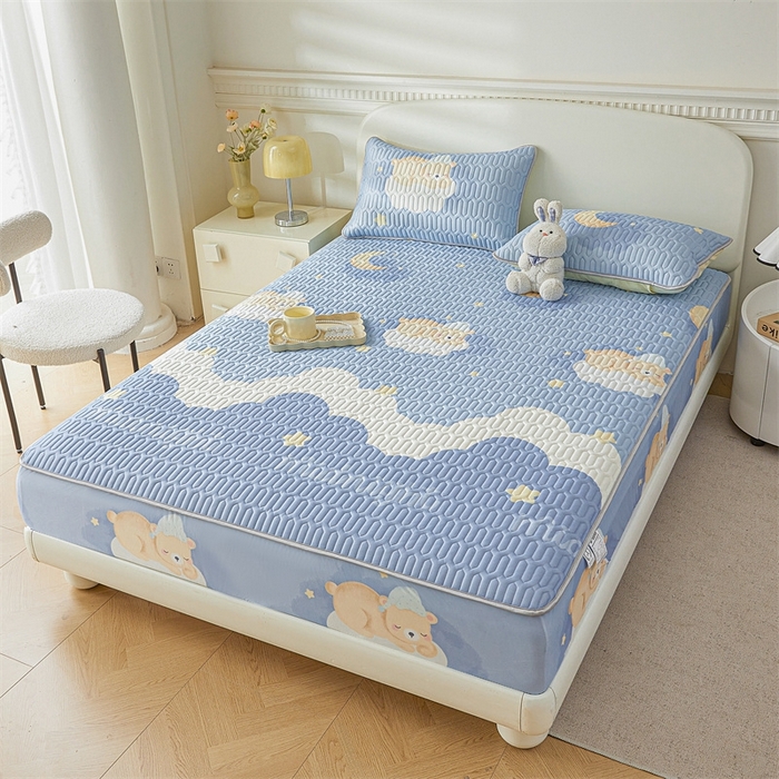 91家纺网 家纺一手货源 找家纺 雯豆2025夏季新品0.4乳胶凉席床笠款三件套凉感丝印花纯色床罩 乳胶床笠-晚安