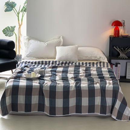 爱港家纺 2025新款全棉A类六层纱布毛巾被 夏被 蓝格