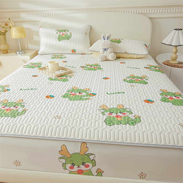 91家纺网 家纺一手货源 找家纺 雯豆2025夏季新品0.4乳胶凉席床笠款三件套凉感丝印花纯色床罩 乳胶床笠-吉祥龙