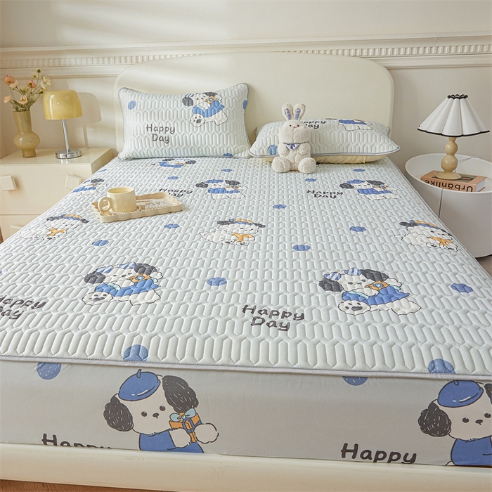 91家纺网 家纺一手货源 找家纺 雯豆2025夏季新品0.4乳胶凉席床笠款三件套凉感丝印花纯色床罩 乳胶床笠-小狗蒙迪1