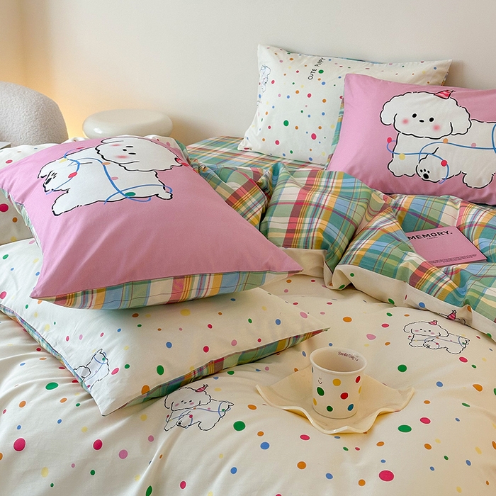 91家纺网 家纺一手货源 找家纺 典曼家纺 2025新款13372印花小清新四件套 波点狗