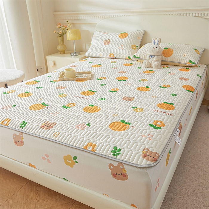 91家纺网 家纺一手货源 找家纺 雯豆2025夏季新品0.4乳胶凉席床笠款三件套凉感丝印花纯色床罩 乳胶床笠-趣多多