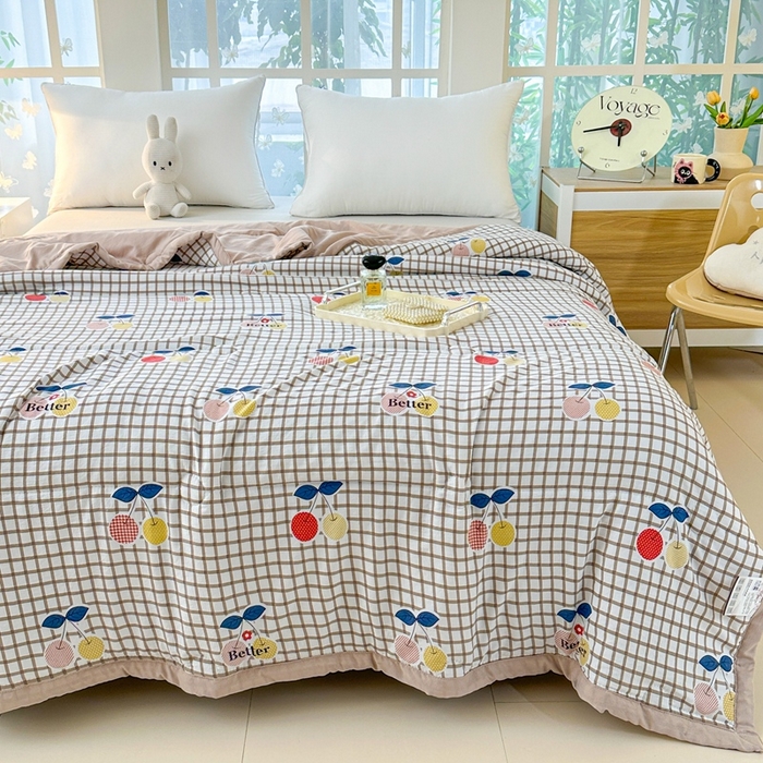 91家纺网 家纺一手货源 找家纺 好欣怡家纺 2026新款水洗棉夏被空调被被子被芯印花小清新夏凉被直播热款 水洗棉包边款-卡其樱桃