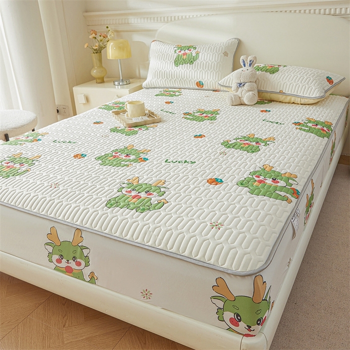 91家纺网 家纺一手货源 找家纺 雯豆2025夏季新品0.4乳胶凉席床笠款三件套凉感丝印花纯色床罩 乳胶床笠-吉祥龙