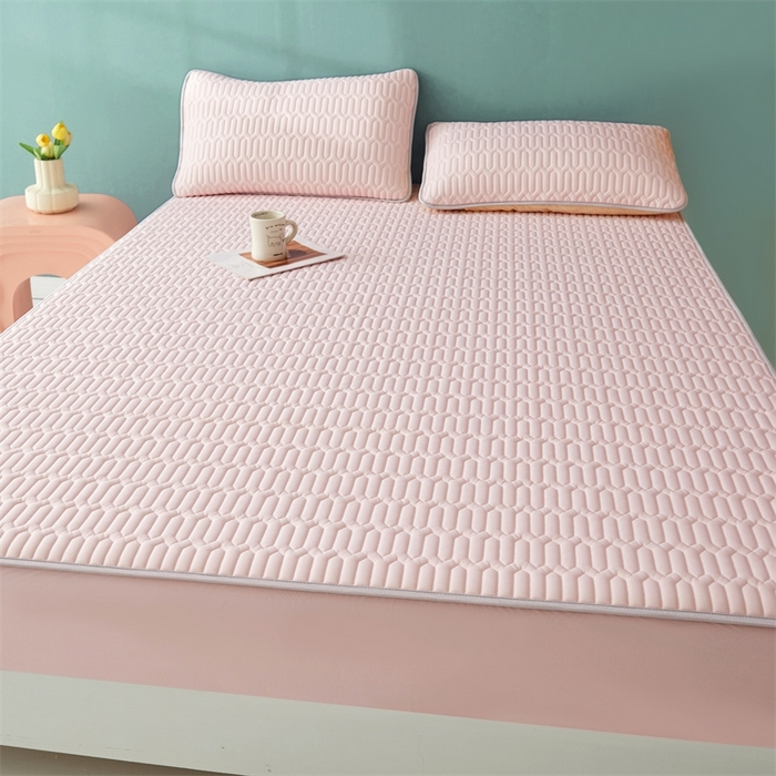 91家纺网 家纺一手货源 找家纺 雯豆2025夏季新品0.4乳胶凉席床笠款三件套凉感丝印花纯色床罩 乳胶床笠-淡雅粉