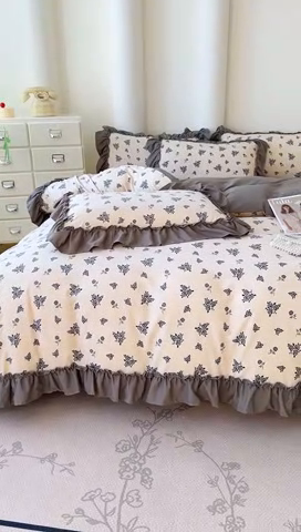 91家纺网 家纺一手货源 找家纺 金米诺 2025新款韩版有氧针织棉双层纱四件套 摩卡