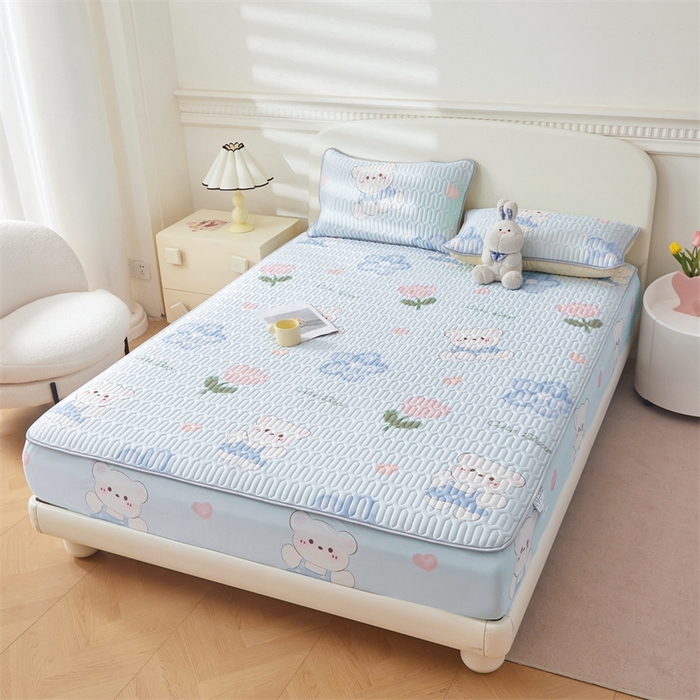 91家纺网 家纺一手货源 找家纺 雯豆2025夏季新品0.4乳胶凉席床笠款三件套凉感丝印花纯色床罩 乳胶床笠-元气满满