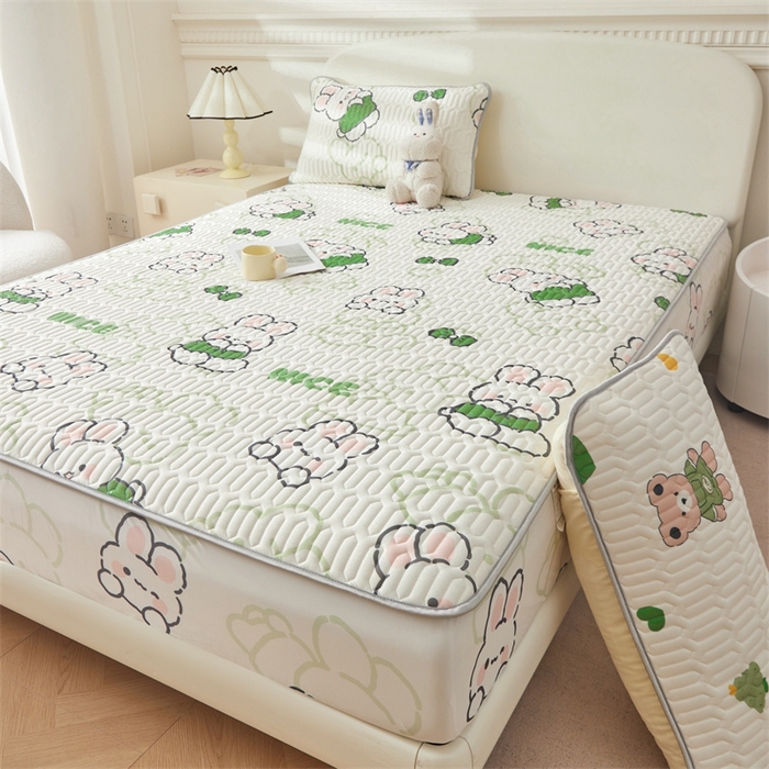 91家纺网 家纺一手货源 找家纺 雯豆2025夏季新品0.4乳胶凉席床笠款三件套凉感丝印花纯色床罩 乳胶床笠-布兰卡