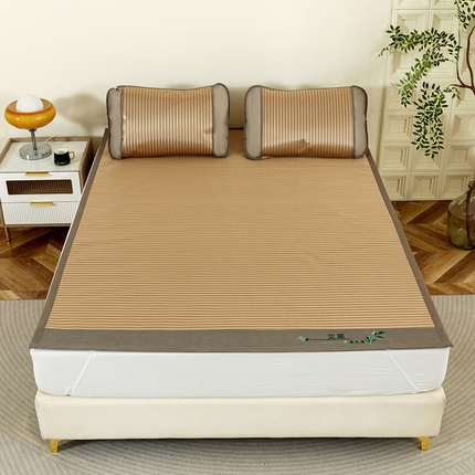 丹兰 2025新款碳光冰丝席三件套竹席冰藤席艾草席学生席双人床凉席 碳光条纹 金