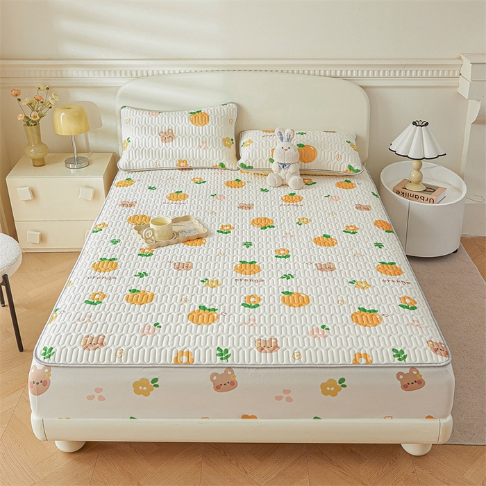 91家纺网 家纺一手货源 找家纺 雯豆2025夏季新品0.4乳胶凉席床笠款三件套凉感丝印花纯色床罩 乳胶床笠-趣多多