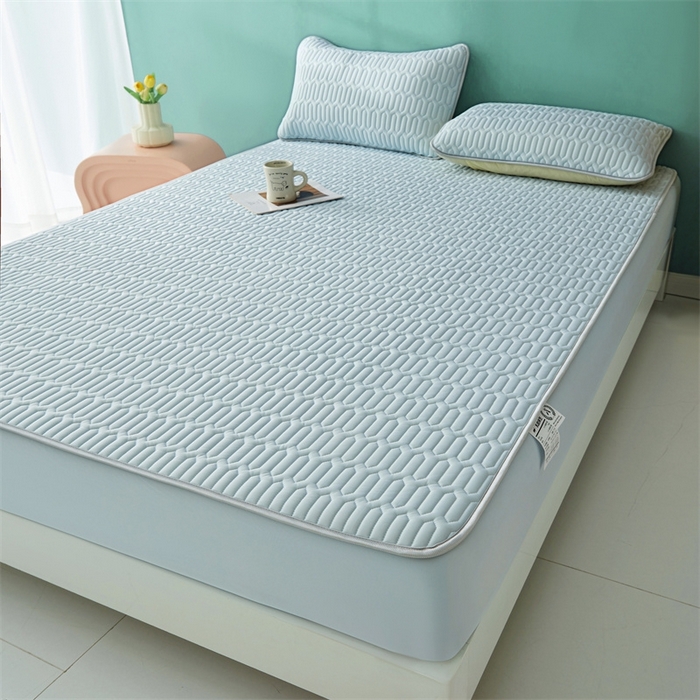 91家纺网 家纺一手货源 找家纺 雯豆2025夏季新品0.4乳胶凉席床笠款三件套凉感丝纯色席梦思床罩 纯色乳胶床笠-风铃蓝