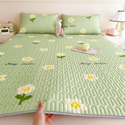 雯豆2025夏季新品0.4乳胶凉席平铺款三件套凉感丝小清新印花席梦思床罩 乳胶凉席-绿茵1